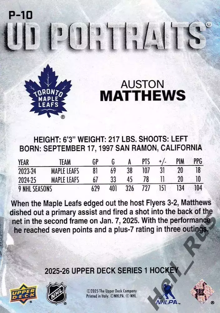 Карточка Matthews/Остон Мэттьюс (Toronto Maple Leafs/Торонто Мейпл Лифс) NHL/НХЛ 1