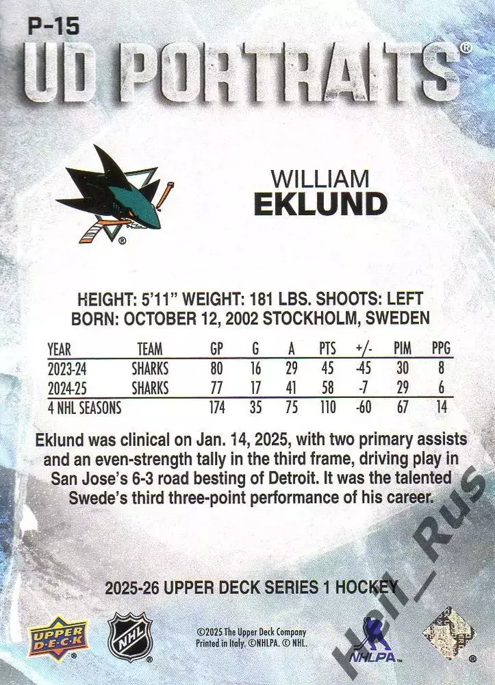 Карточка William Eklund/Вильям Эклунд (San Jose Sharks / Сан-Хосе Шаркс) НХЛ/NHL 1