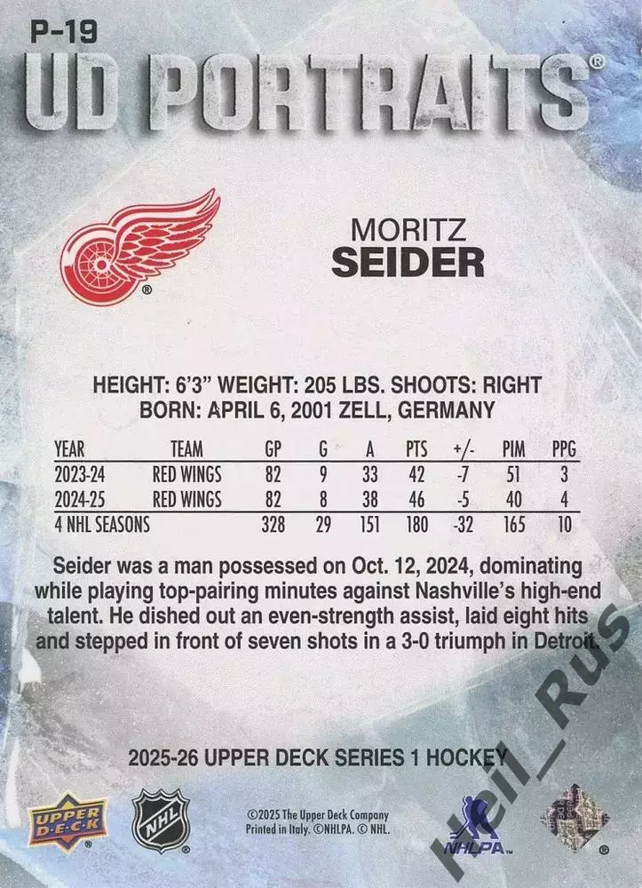 Карточка Moritz Seider/Мориц Зайдер Detroit Red Wings/Детройт Ред Уингз NHL НХЛ 1