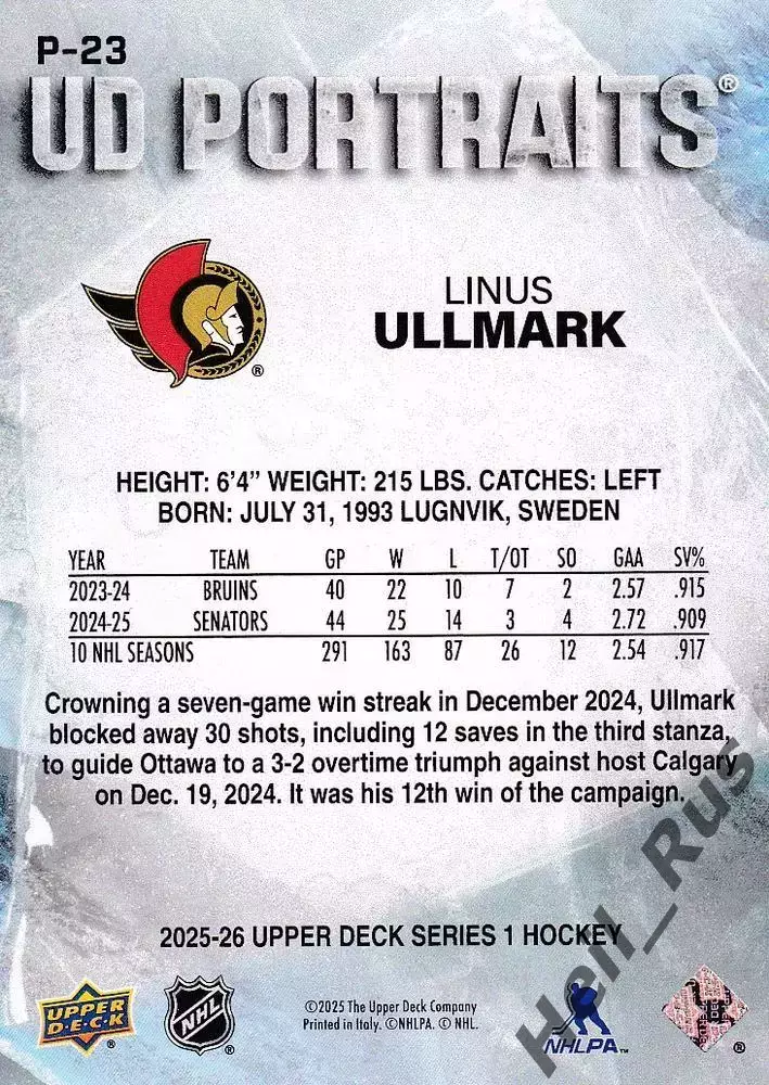 Карточка Linus Ullmark/Линус Улльмарк (Ottawa Senators/Оттава Сенаторз) NHL/НХЛ 1
