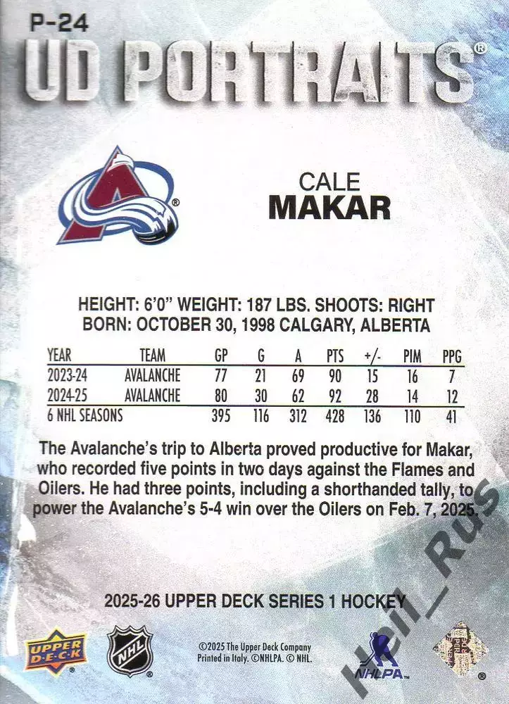 Карточка Cale Makar / Кейл Макар (Colorado Avalanche/Колорадо Эвеланш) НХЛ / NHL 1