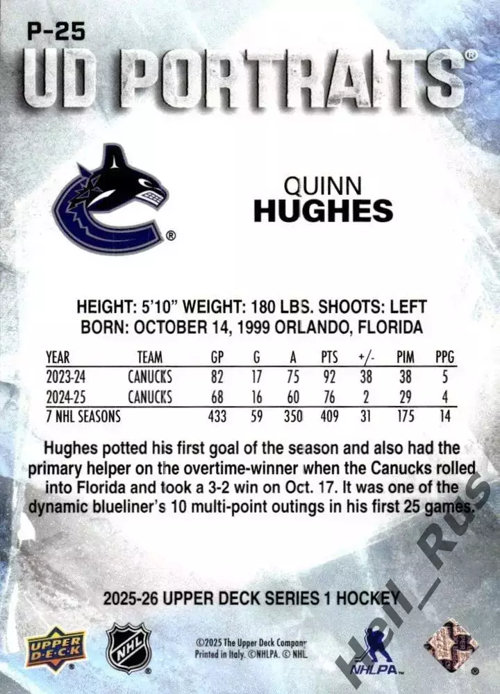 Карточка Quinn Hughes/Куинн Хьюз (Vancouver Canucks/Ванкувер Кэнакс) НХЛ / NHL 1