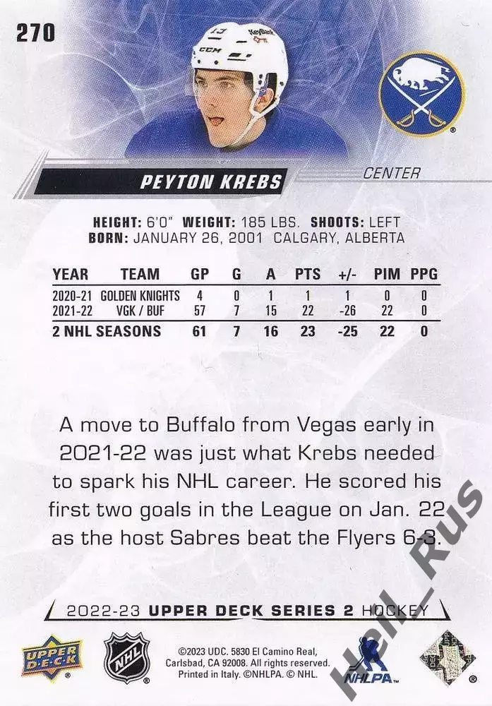 Хоккей Карточка Peyton Krebs/Пейтон Кребс Buffalo Sabres/Баффало Сейбрз НХЛ/NHL 1