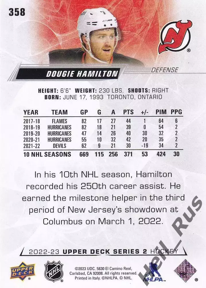 Хоккей. Карточка Дуги Хэмилтон (New Jersey Devils/Нью-Джерси Девилз) НХЛ/NHL 1