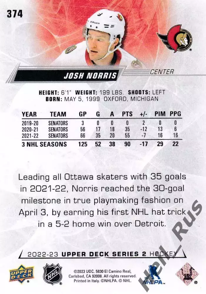 Хоккей Карточка Josh Norris/Джош Норрис Ottawa Senators/Оттава Сенаторз NHL/НХЛ 1