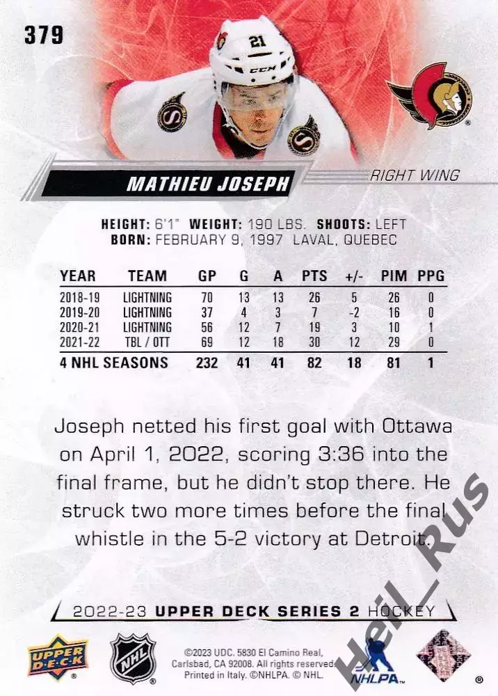 Карточка Mathieu Joseph/Матье Жозеф (Ottawa Senators/Оттава Сенаторз) НХЛ/NHL 1