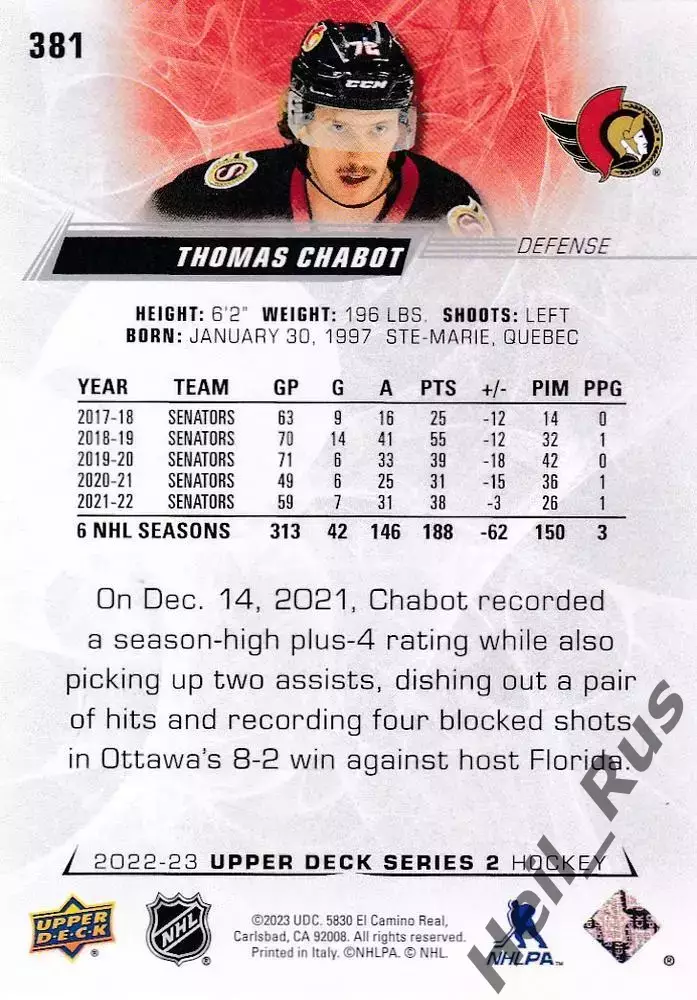 Хоккей; Карточка Thomas Chabot/Тома Шабо Ottawa Senators/Оттава Сенаторз NHL/НХЛ 1