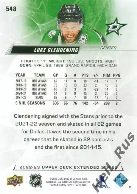 Хоккей Карточка Luke Glendening/Люк Гленденинг Dallas Stars/Даллас Старз НХЛ/NHL 1