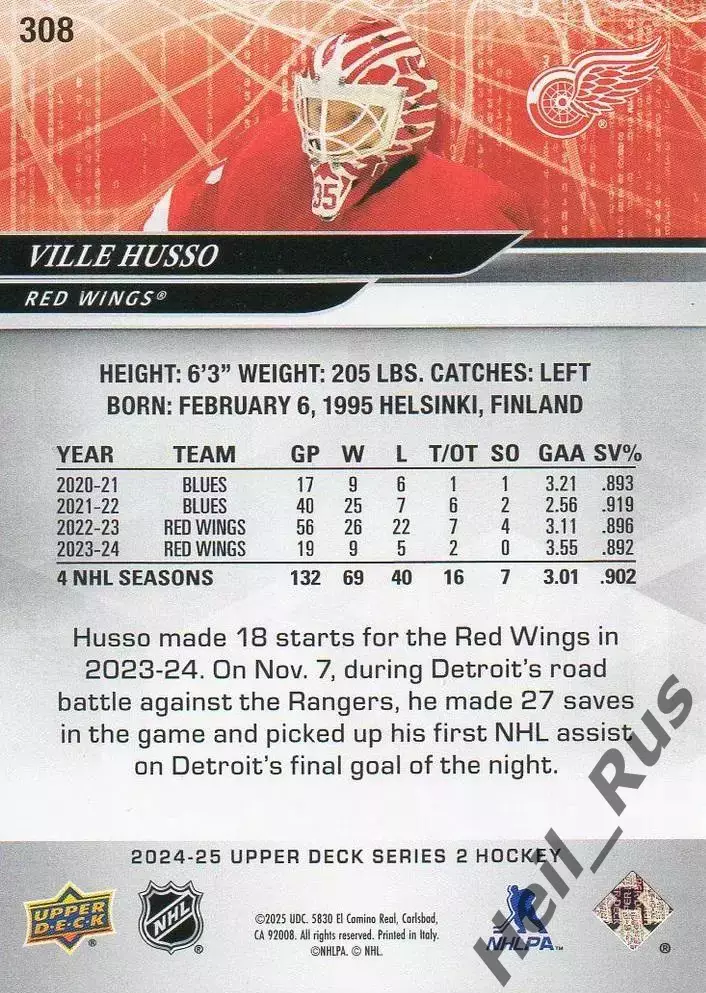 Карточка Ville Husso/Вилле Хуссо (Detroit Red Wings/Детройт Ред Уингз) НХЛ/NHL 1