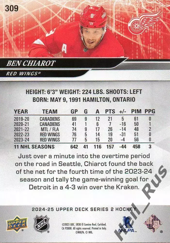 Карточка Ben Chiarot/Бен Шарот (Detroit Red Wings/Детройт Ред Уингз) NHL/НХЛ 1