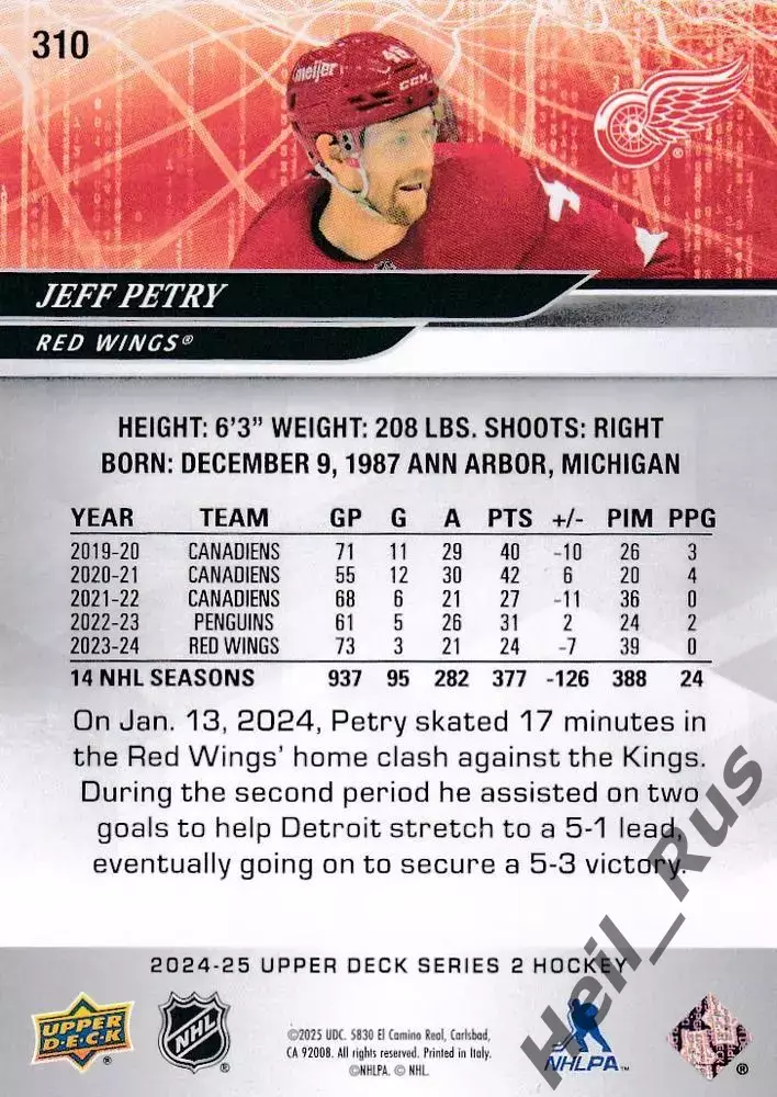 Карточка Jeff Petry/Джефф Питри (Detroit Red Wings/Детройт Ред Уингз) NHL/НХЛ 1