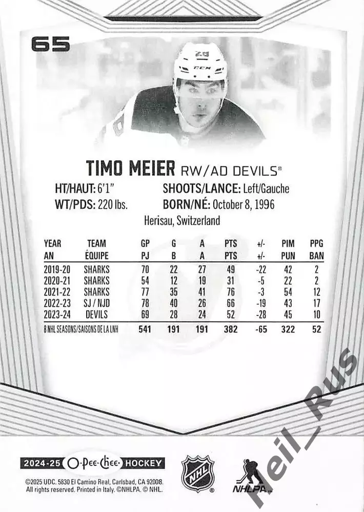 Карточка Timo Meier / Тимо Майер (New Jersey Devils/Нью-Джерси Девилз) НХЛ/NHL 1