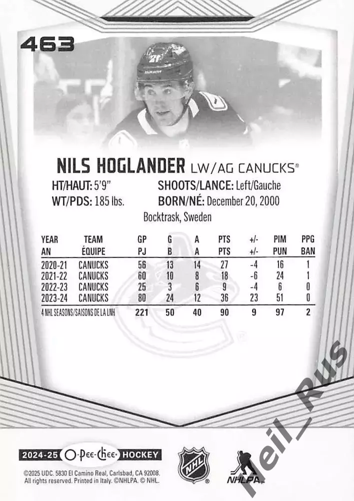 Карточка Hoglander / Нильс Хегландер (Vancouver Canucks/Ванкувер Кэнакс) НХЛ/NHL 1