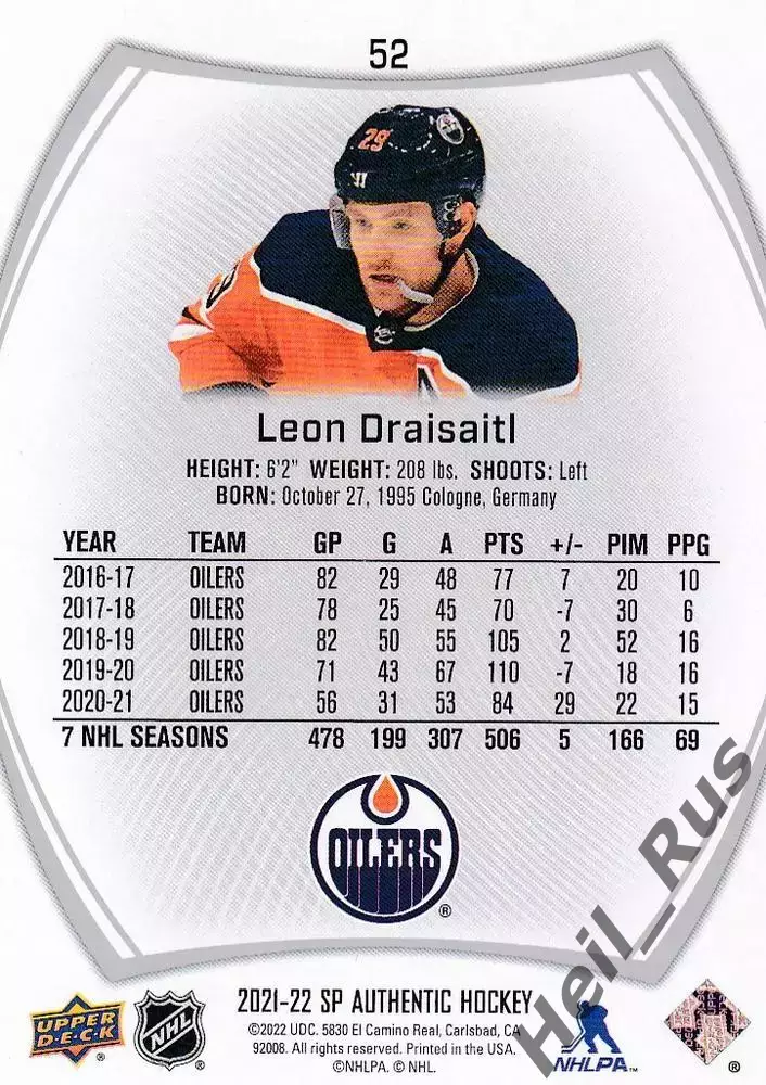 Карточка Leon Draisaitl/Леон Драйзайтль Edmonton Oilers/Эдмонтон Ойлерз НХЛ NHL 1