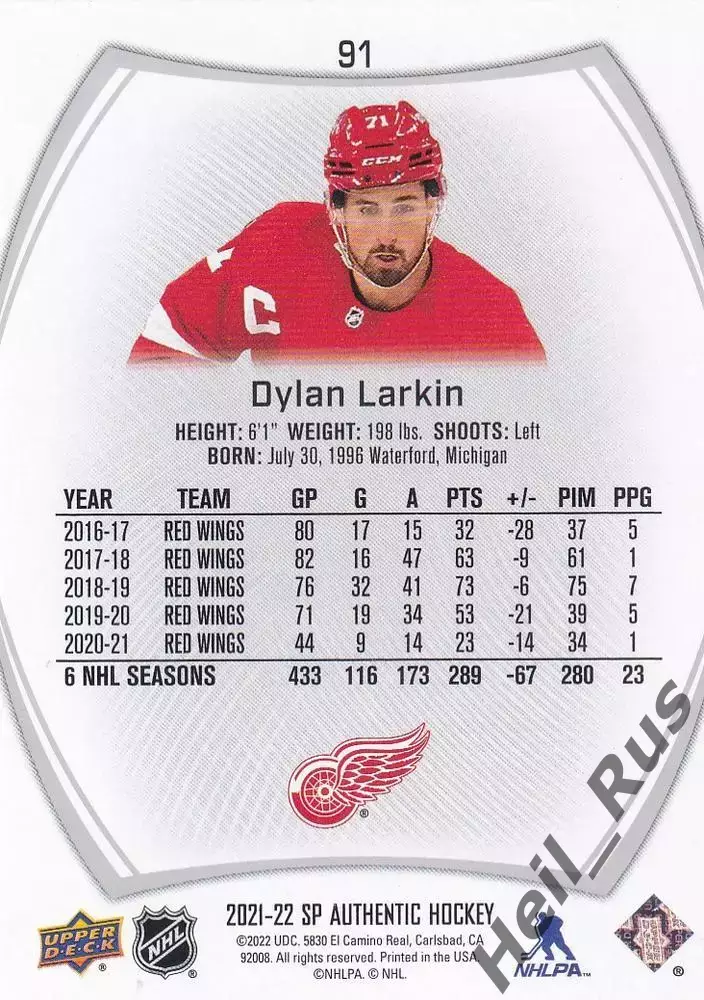 Карточка Dylan Larkin/Дилан Ларкин (Detroit Red Wings/Детройт Ред Уингз) НХЛ NHL 1