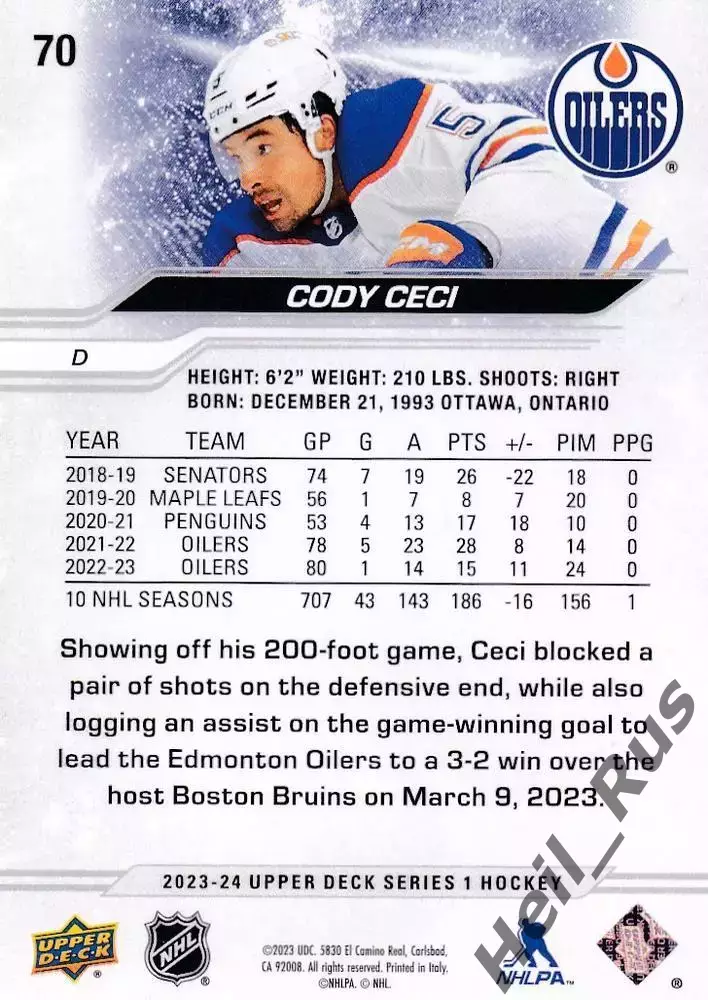 Хоккей. Карточка Cody Ceci / Коди Сиси (Edmonton Oilers/Эдмонтон Ойлерз) НХЛ/NHL 1