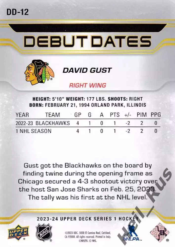 Хоккей Карточка David Gust/Дэвид Гаст Chicago Blackhawks/Чикаго Блэкхокс НХЛ/NHL 1
