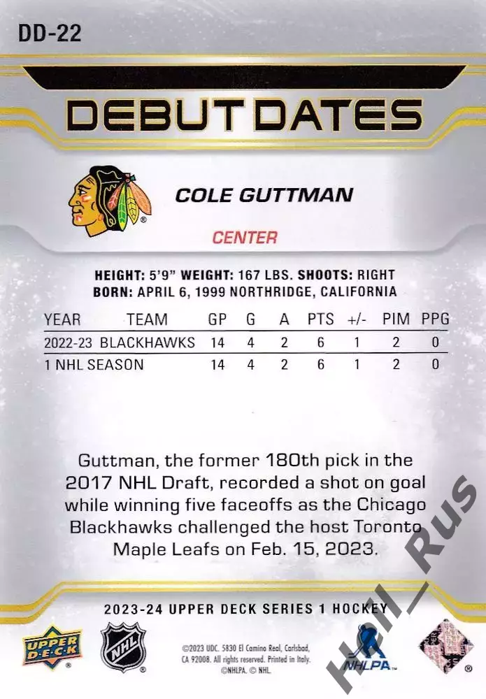 Карточка Cole Guttman/Коул Гуттман (Chicago Blackhawks/Чикаго Блэкхокс) NHL/НХЛ 1