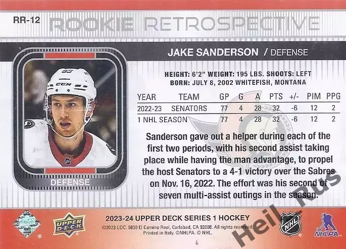Карточка Jake Sanderson/Джейк Сэндерсон Ottawa Senators/Оттава Сенаторз, НХЛ/NHL 1