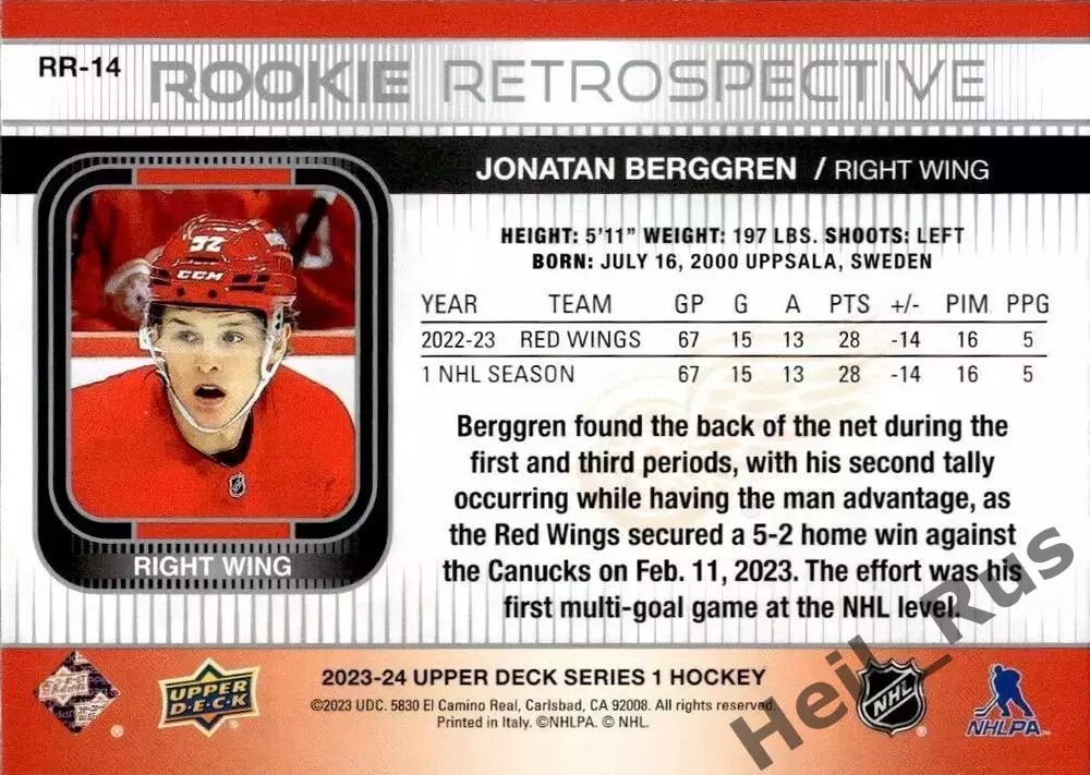 Карточка Jonatan Berggren/Юнатан Берггрен (Detroit Red Wings / Детройт) НХЛ/NHL 1