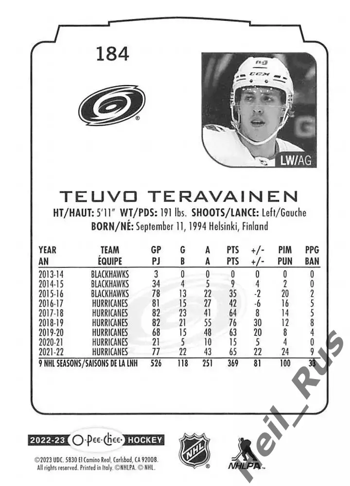 Карточка Teuvo Teravainen/Теуво Терявяйнен Carolina Hurricanes/Каролина, NHL/НХЛ 1