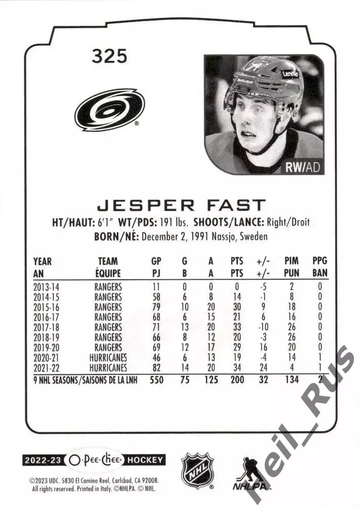 Карточка Jesper Fast/Йеспер Фаст Carolina Hurricanes/Каролина Харрикейнз НХЛ-NHL 1