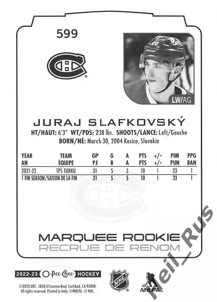 Карточка Juraj Slafkovsky/Юрай Слафковский (Montreal Canadiens/Монреаль) NHL/НХЛ 1