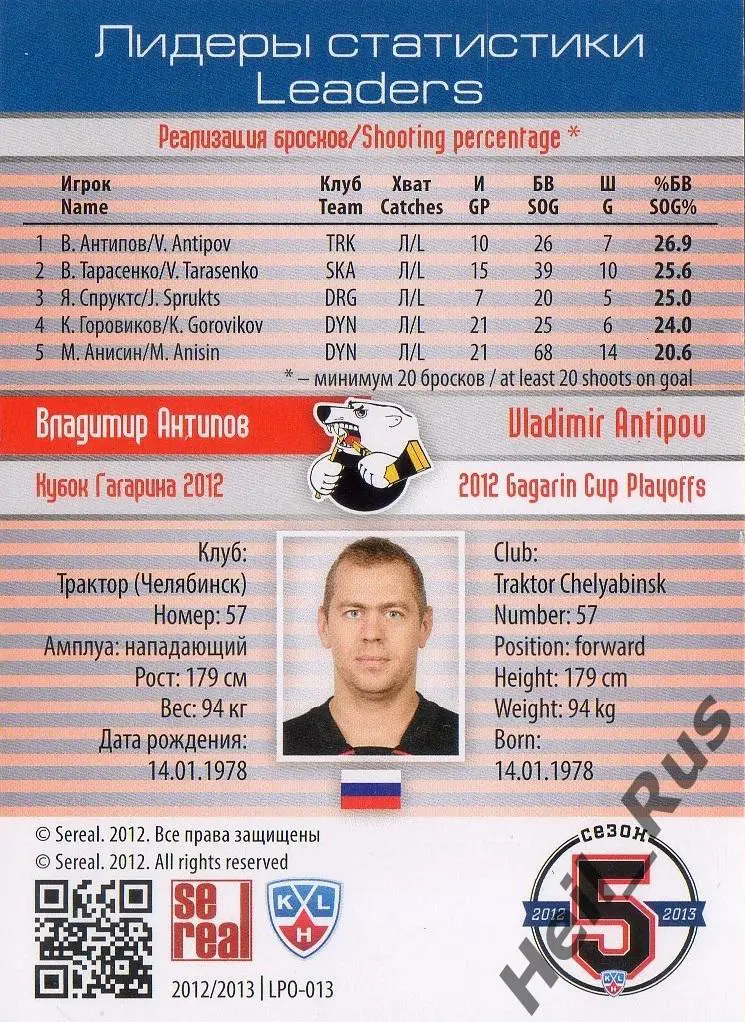 Хоккей; Карточка Владимир Антипов Трактор Челябинск КХЛ/KHL сезон 2012/13 SeReal 1