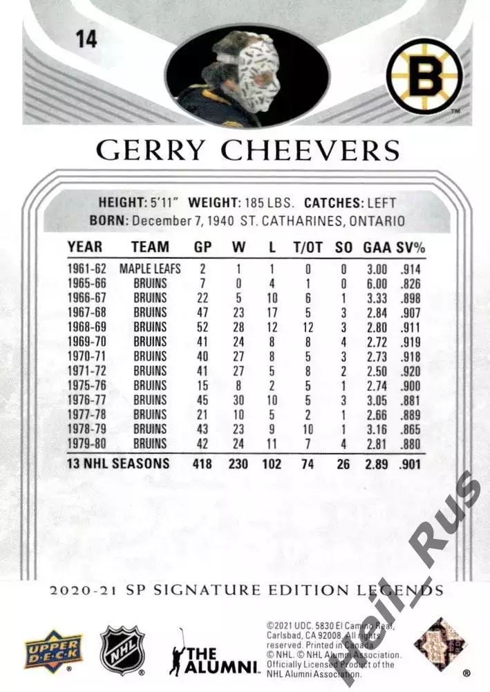 Хоккей Карточка Gerry Cheevers/Джерри Чиверс Boston Bruins/Бостон Брюинз NHL/НХЛ 1