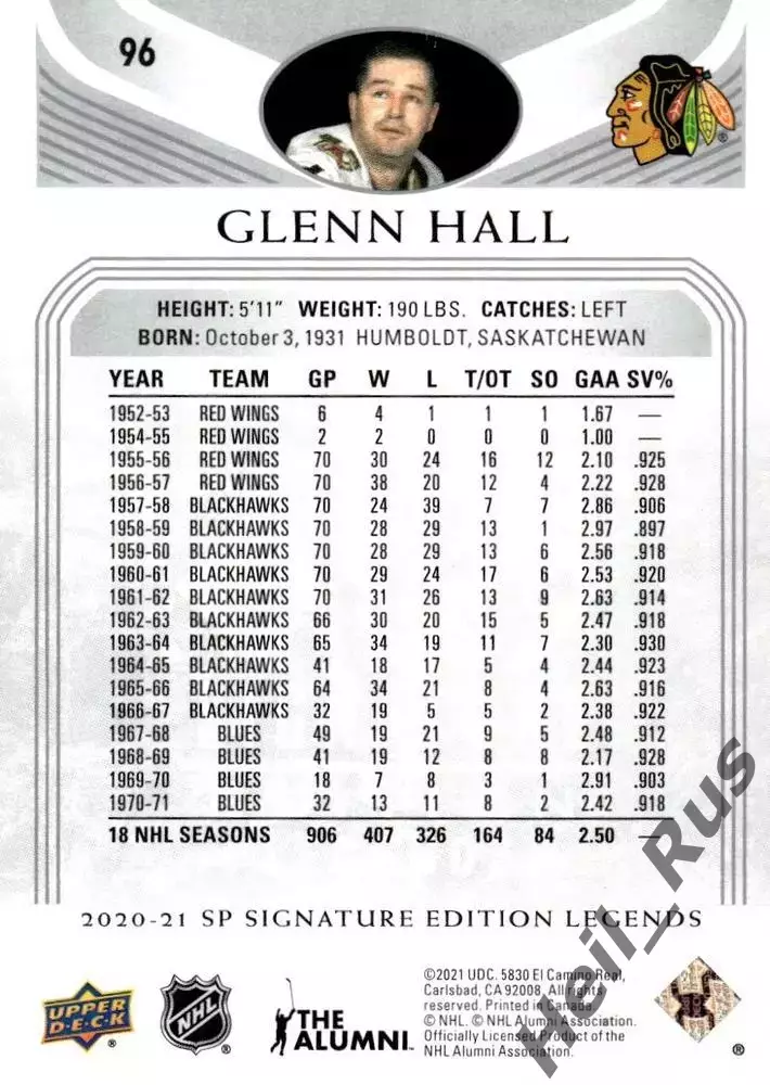 Хоккей Карточка Glenn Hall/Гленн Холл Chicago Blackhawks/Чикаго Блэкхокс NHL/НХЛ 1