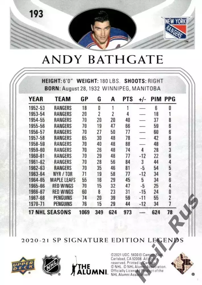 Карточка Andy Bathgate/Энди Батгейт New York Rangers/Нью-Йорк Рейнджерс, НХЛ/NHL 1