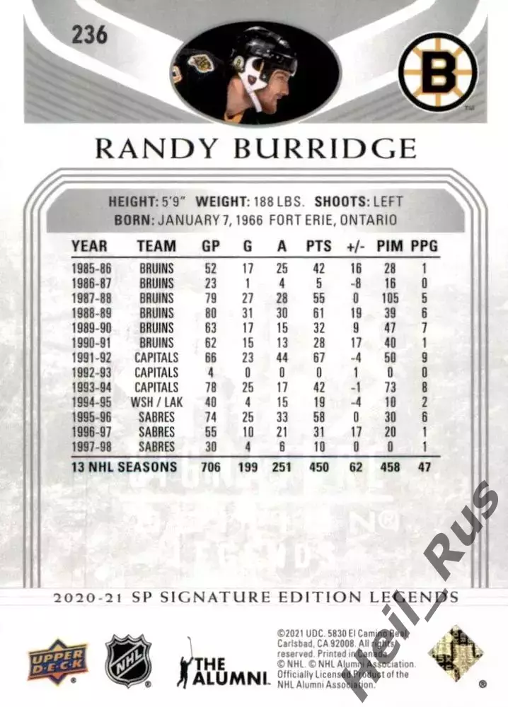 Хоккей Карточка Randy Burridge/Рэнди Барридж Boston Bruins/Бостон Брюинз НХЛ NHL 1