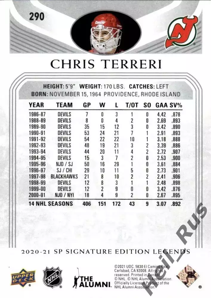 Карточка Chris Terreri/Крис Террери New Jersey Devils/Нью-Джерси Девилз, НХЛ/NHL 1