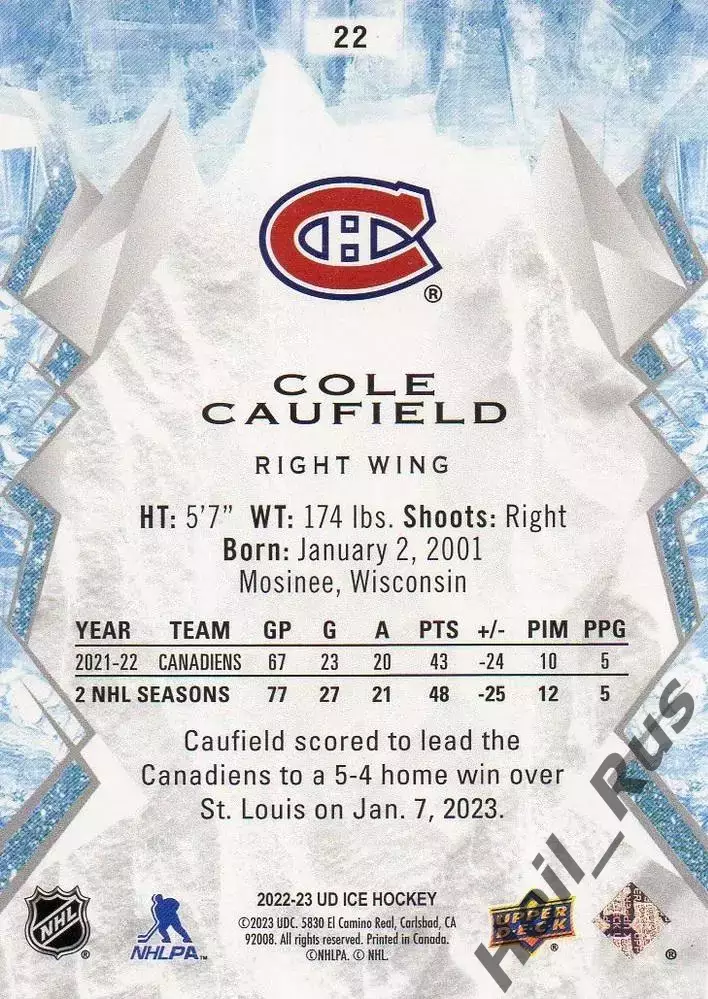 Карточка Cole Caufield/Коул Кофилд Montreal Canadiens/Монреаль Канадиенс NHL-НХЛ 1