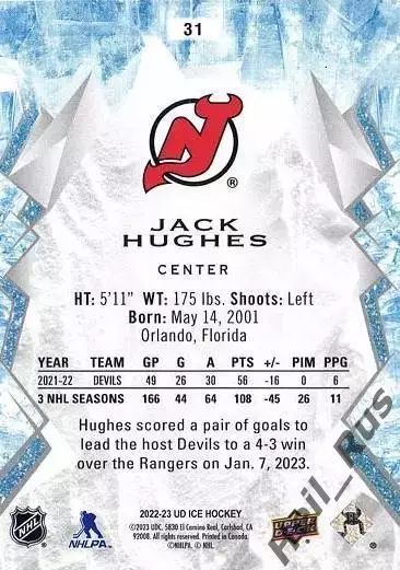 Карточка Jack Hughes / Джек Хьюз (New Jersey Devils / Нью-Джерси Девилз) НХЛ/NHL 1