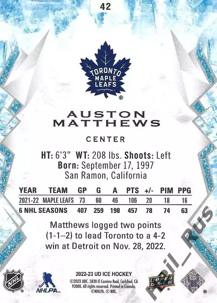Карточка Matthews/Остон Мэттьюс (Toronto Maple Leafs/Торонто Мейпл Лифс) NHL НХЛ 1