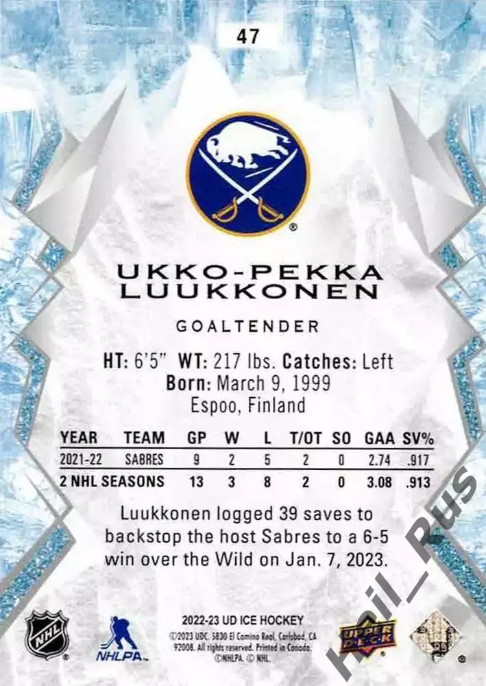 Карточка Luukkonen/Укко-Пекка Луукконен (Buffalo Sabres/Баффало Сейбрз) НХЛ NHL 1