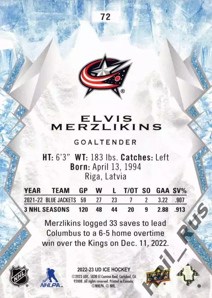 Карточка Elvis Merzlikins/Элвис Мерзликин Columbus Blue Jackets/Коламбус НХЛ NHL 1