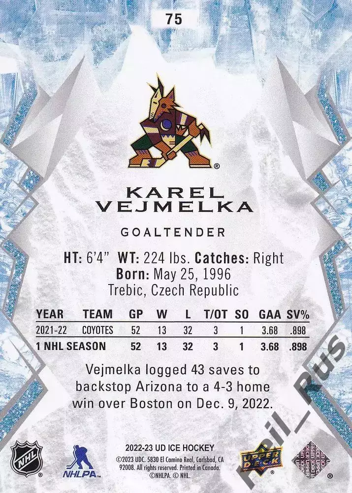 Карточка Karel Vejmelka/Карел Веймелка (Arizona Coyotes/Аризона Койотис) NHL/НХЛ 1