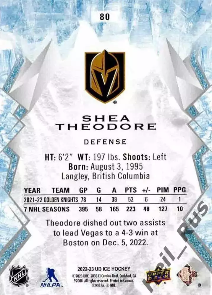 Карточка Shea Theodore/Ши Теодор Vegas Golden Knights/Вегас Голден Найтс НХЛ/NHL 1