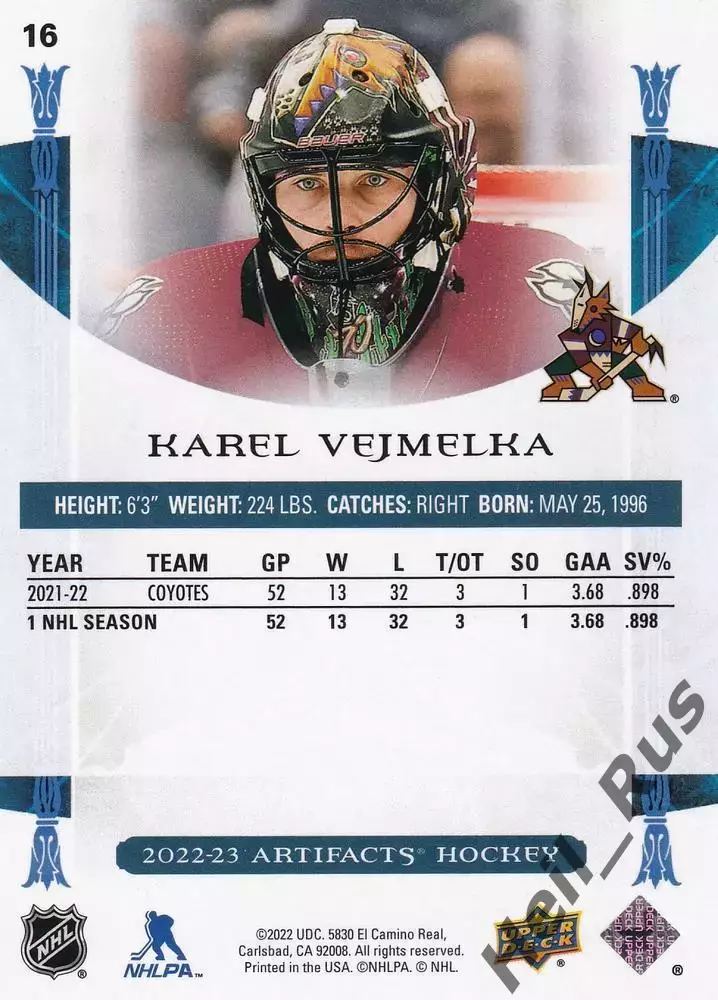 Карточка Karel Vejmelka/Карел Веймелка (Arizona Coyotes/Аризона Койотис) NHL/НХЛ 1