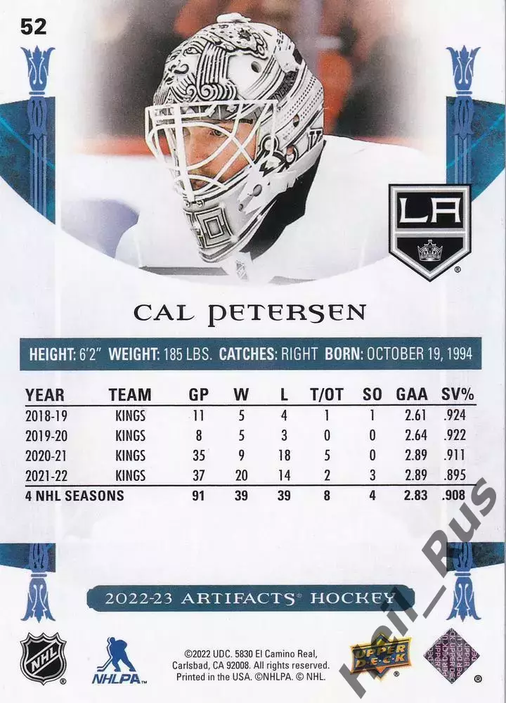 Карточка Cal Petersen/Кэл Петерсен Los Angeles Kings/Лос-Анджелес Кингз, НХЛ/NHL 1