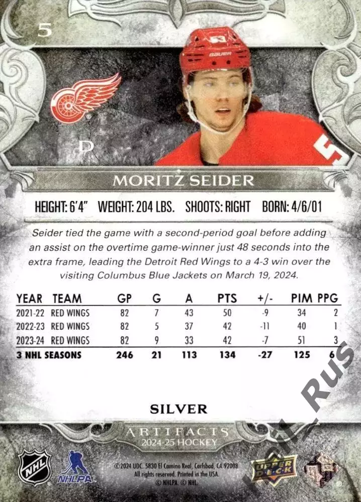 Карточка Moritz Seider/Мориц Зайдер Detroit Red Wings/Детройт Ред Уингз; NHL НХЛ 1