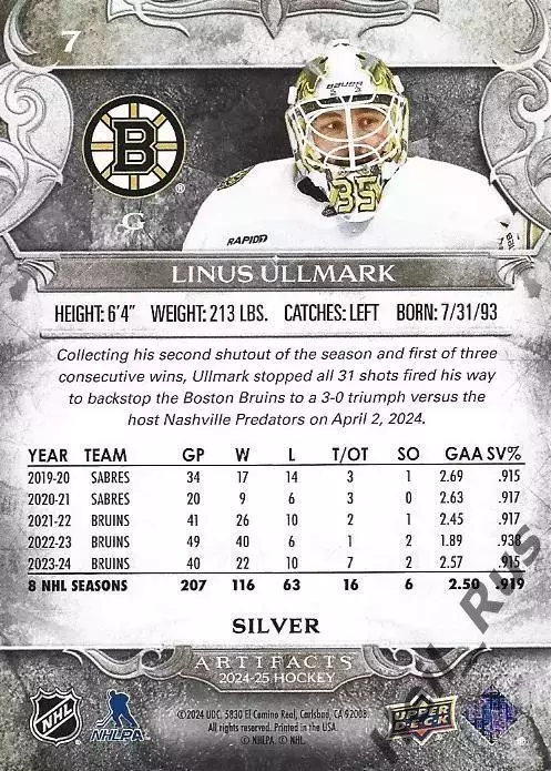Хоккей Карточка Linus Ullmark/Линус Улльмарк Boston Bruins/Бостон Брюинз NHL НХЛ 1