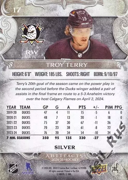 Хоккей Карточка Troy Terry/Трой Терри Anaheim Ducks/Анахайм Дакс НХЛ/NHL 2024-25 1