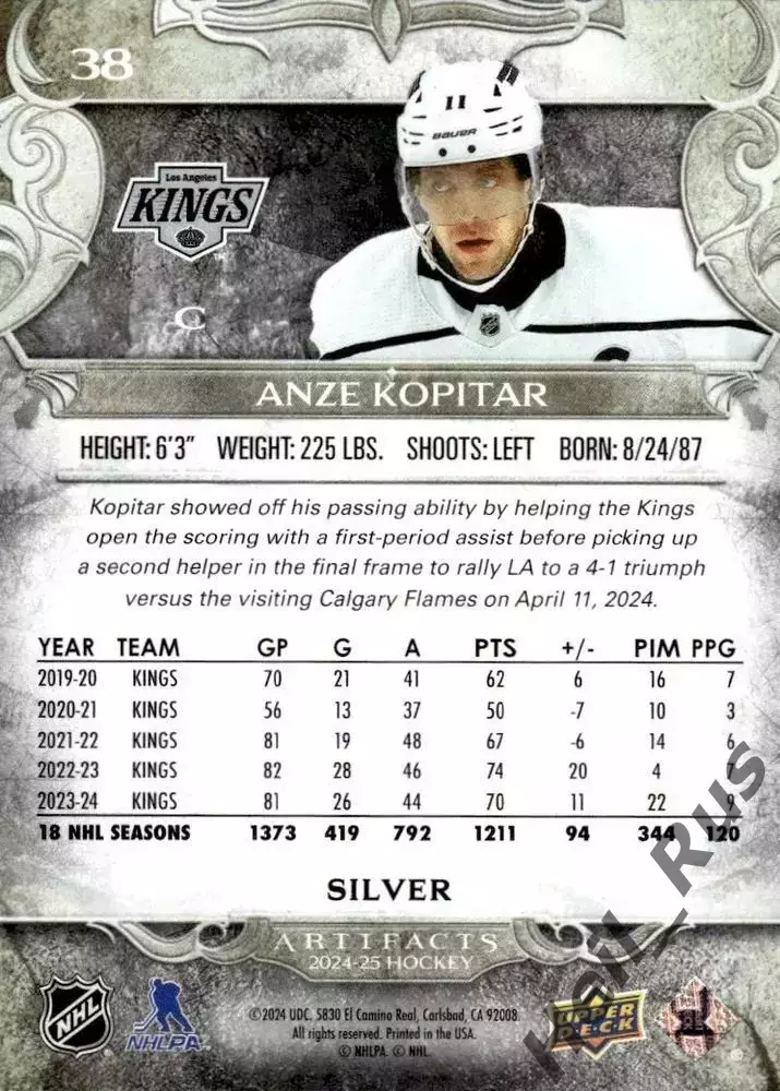 Карточка Anze Kopitar/Анже Копитар Los Angeles Kings/Лос-Анджелес Кингз, НХЛ NHL 1