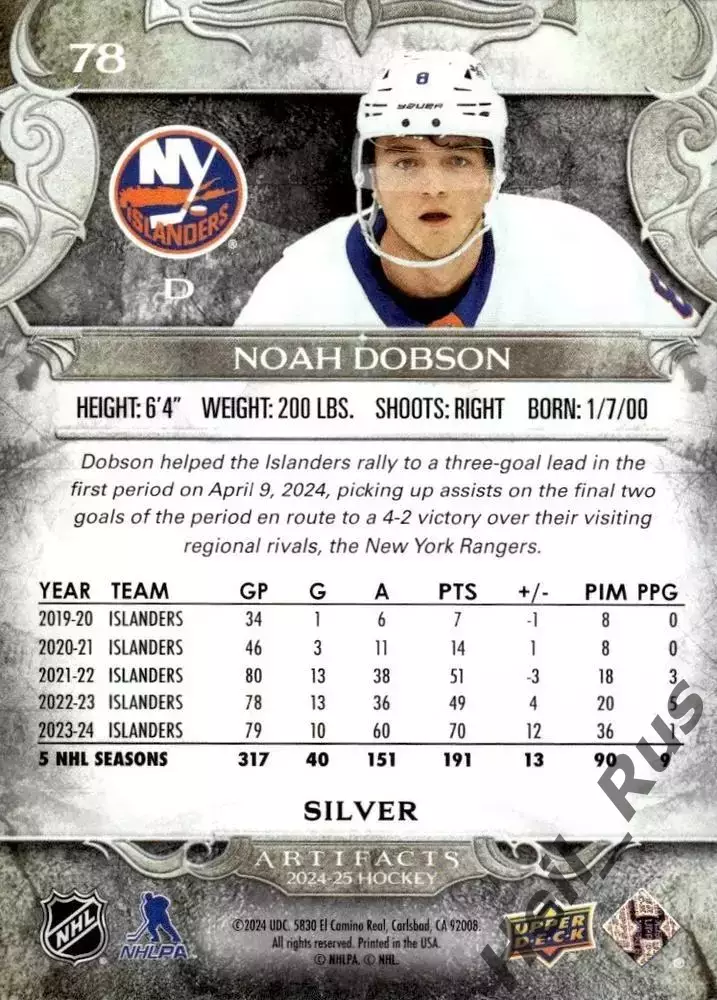 Карточка Noah Dobson/Ноа Добсон (New York Islanders/Нью-Йорк Айлендерс) НХЛ-NHL 1