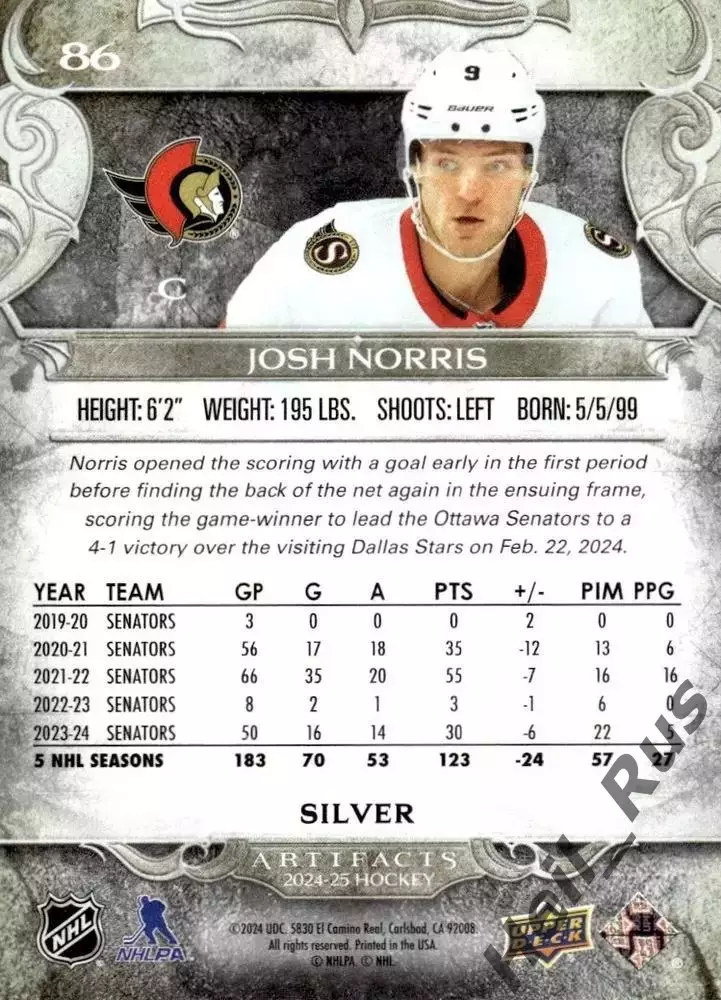 Хоккей, Карточка Josh Norris/Джош Норрис Ottawa Senators/Оттава Сенаторз NHL/НХЛ 1