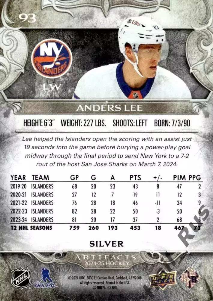 Карточка Anders Lee/Андерс Ли (New York Islanders/Нью-Йорк Айлендерс) NHL / НХЛ 1