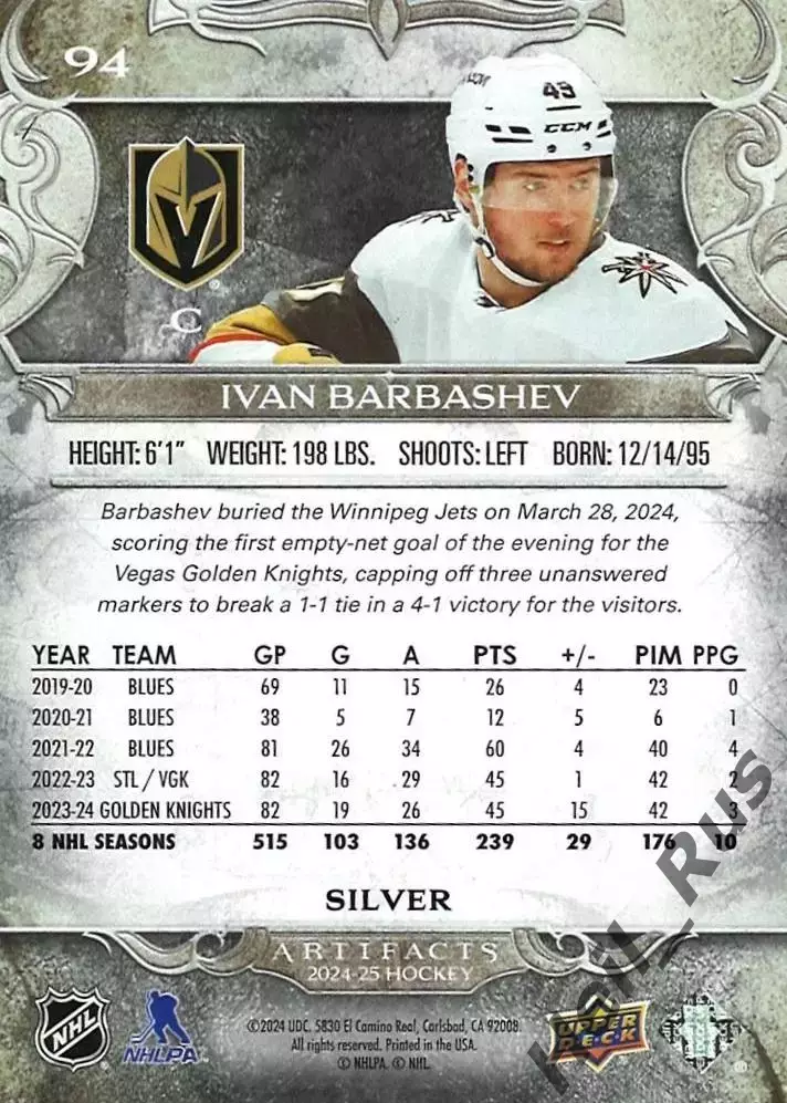 Хоккей. Карточка Иван Барбашев Vegas Golden Knights/Вегас, Динамо Москва НХЛ/NHL 1